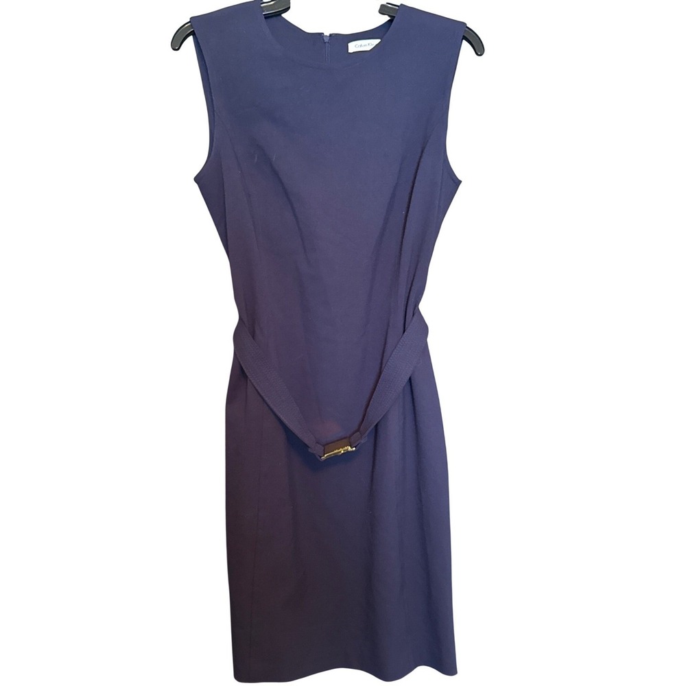 Calvin Klein Navy‎ Blue Sleeveless Belted Sheath Dress Business Casual Women's